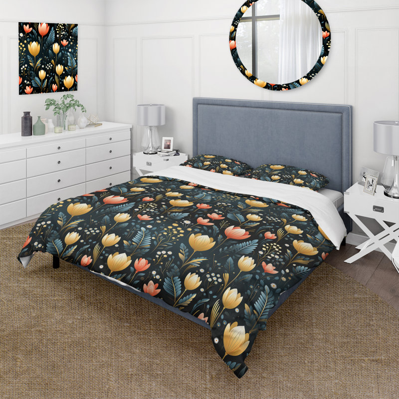 Ensemble de housse de couette Tribal noir et jaune Elegant Meadow I - Floral, Housse de couette pour très grand lit et 2 très