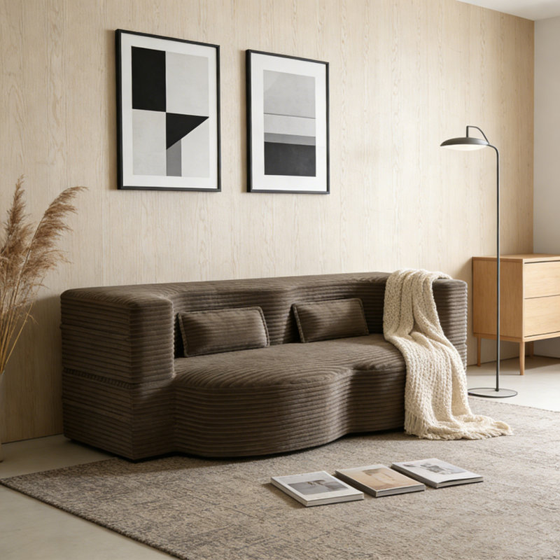Modern Floor Sofa with 2 Pillows, Corduroy, Coffee
