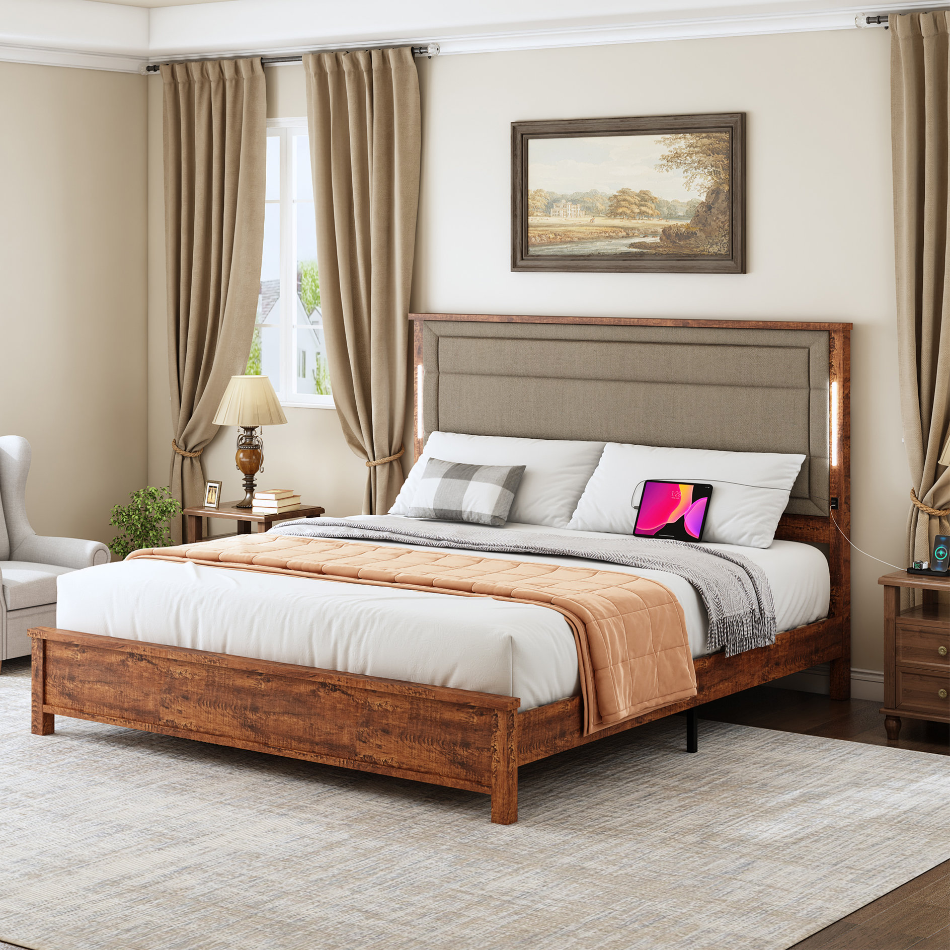 Gracie Oaks Bed Frame with Upholstered Headboard, King Bed Frame with ...