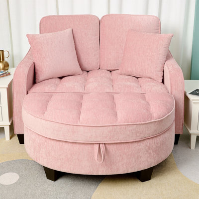Chenille Two-Seater Chaise Sofa with Irregular Armrests, Matching Ottoman with Storage, Includes 2 Throw Pillows for Living Room & Bedroom