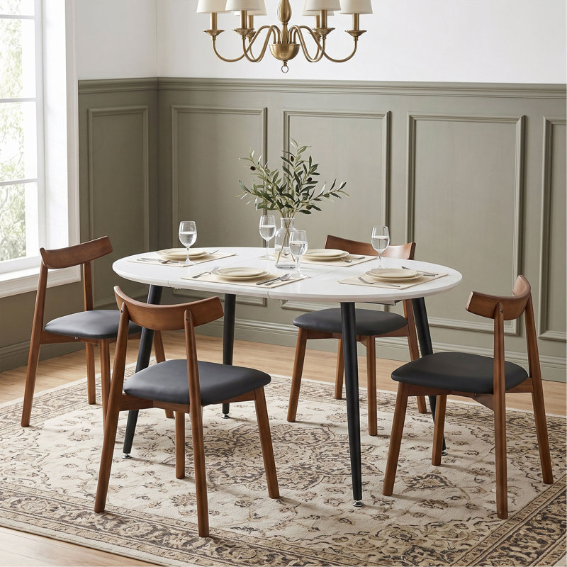 Combinaison de table de salle à manger et de chaises, plateau de table en panneau de fibres à densité moyenne avec pieds en métal, table de salle à manger extensible et 4 chaises de salle à manger modernes en bois massif minimaliste.