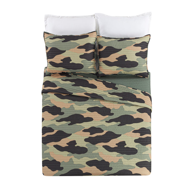 Ensemble de courtepointe réversible en microfibre Covert Camo Green, Courtepointe double / grand + 2 taies décoratives