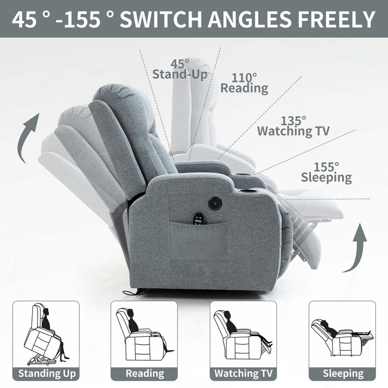 Infinite Position Single Motor Up To 350 Lbs Power Lift Recliner Chair For Elderly, Heavy Duty Motion Mechanism With 8-Point Vibration Massage And Lumbar Heating, Usb Charging Port, Cup Holders