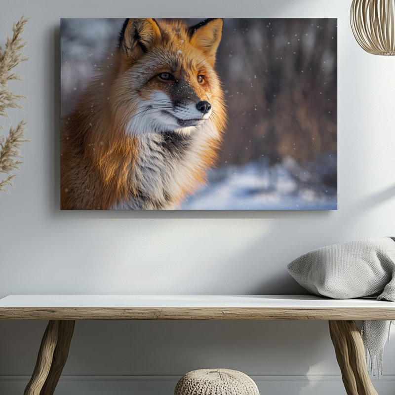 Toile, un majestueux renard roux avec un visage expressif détaillé, art mural contre un paysage d'hiver légèrement flou mettant en valeur son art mural sur toile