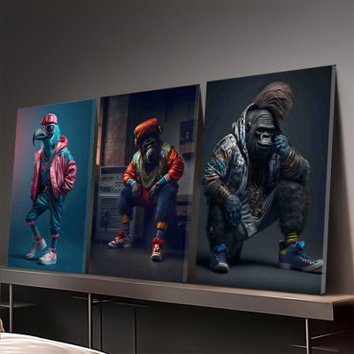 Ensemble de 3 affiches encadrées, style hip-hop, avec des motifs d'oiseaux et de gorilles sur toile. Design urbain et tendance pour un décor moderne dans votre salon, chambre ou bureau.
