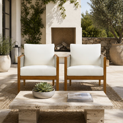 Chaises club d'extérieur (ensemble de 2), structure en bois d'acacia avec dossier en corde, coussins beiges hydrofuges pour patio / cour arrière / terrasse, finition teck