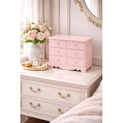 Boîte à bijoux rose en bois avec 6 tiroirs