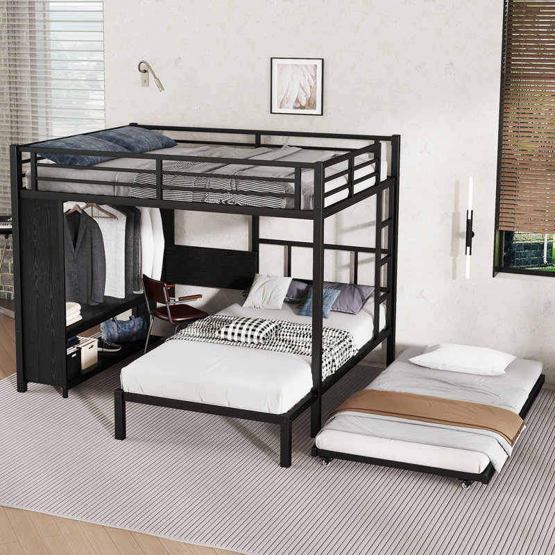 Queen Over Twin Bunk Bed With Built-In Wardrobe, Metal Bunk Bed With Trundle, Foldable Desk, Ladders, Noise-Reduced Design, Black