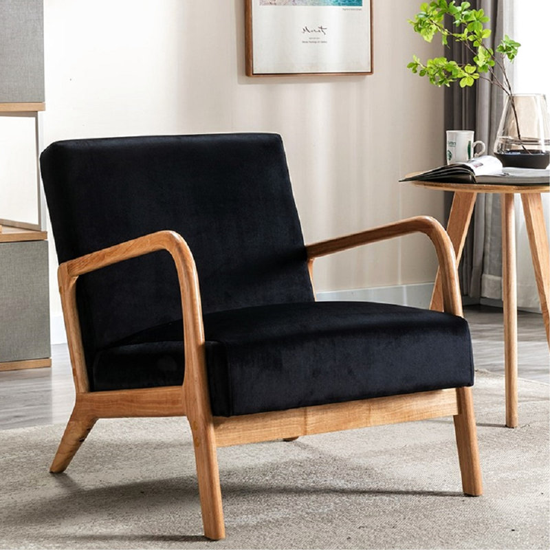 Fauteuil Mid-Century noir avec cadre ouvert en tissu de velours, finition et rembourrage confortable pour une chambre ou un salon confortable, hauteur de la chambre à coucher confortable de 28,26 po, profondeur de 33,43 po