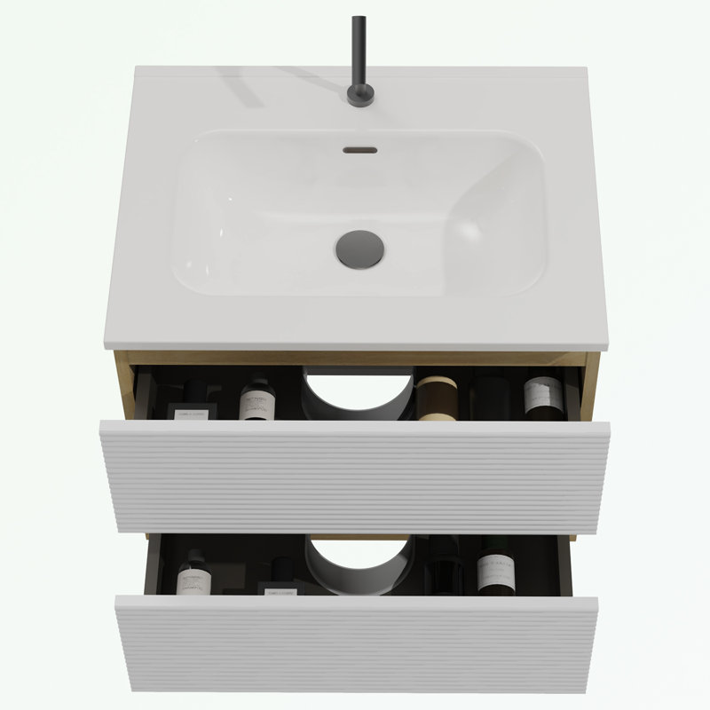 Meuble-lavabo mural en bois avec lavabo en céramique et deux tiroirs, Blanc / Chêne clair