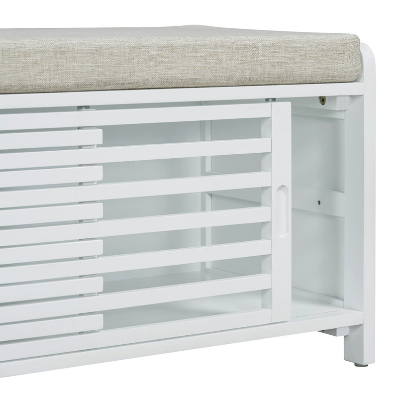 Distressed Shutter Storage Bench with Acacia Veneer, White