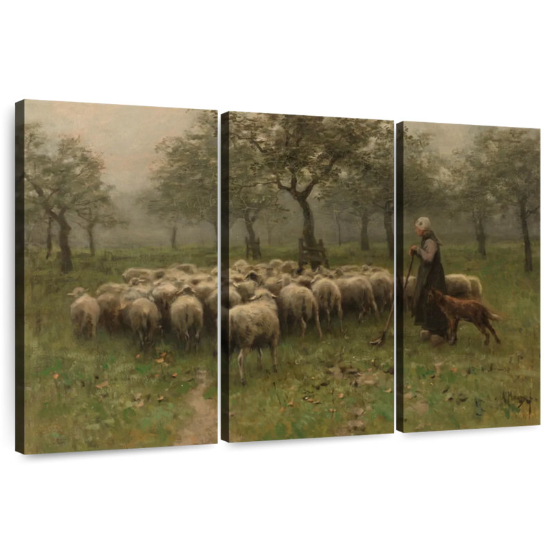 Bergère avec un troupeau de moutons, H 24 po x l 38 po