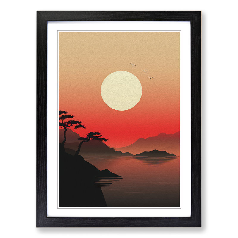 Japanese Sunset Minimalism - Single Picture Frame Print on Wood, 46cm H x 34cm W x 2cm D, Black Framed
