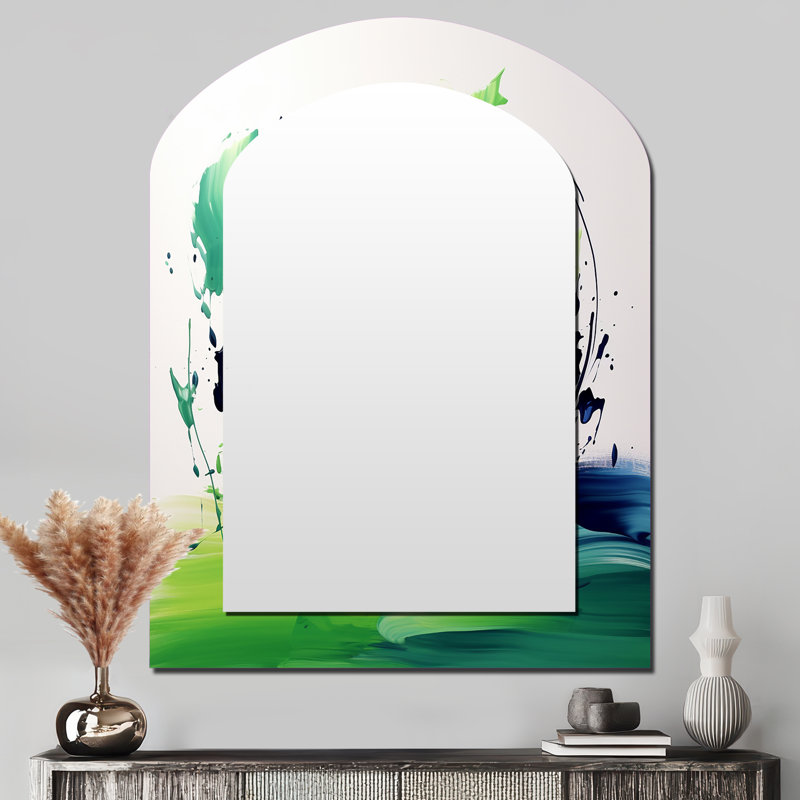 «Green» et «Abstract» à l'encre abstraite II - peinture abstraite grand miroir en arc, miroir mural décoratif asymétrique moderne