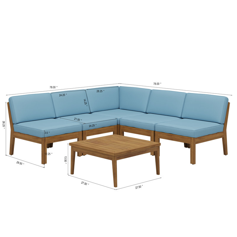 Ensemble modulaire d'extérieur en bois d'acacia rustique avec table basse 6 pièces Ravina, Bleu