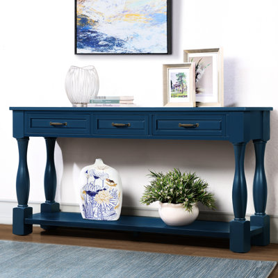 Hallway Console Table, 63Inch Long. Navy Blue, Solid Pine Wood, Functional Storage, Easy To Put Together Table For Living Room, 63". 3 Drawers And Shelf, Stable, Simple Setup