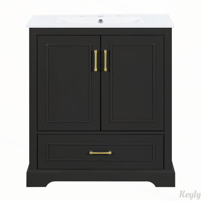 Meuble-lavabo 24 po avec lavabo, armoire en panneau de fibres à densité moyenne avec cadre en bois massif, 1 tiroir divisé et 2 portes à fermeture douce avec double tablette sur la porte, meuble-lavabo autoportant