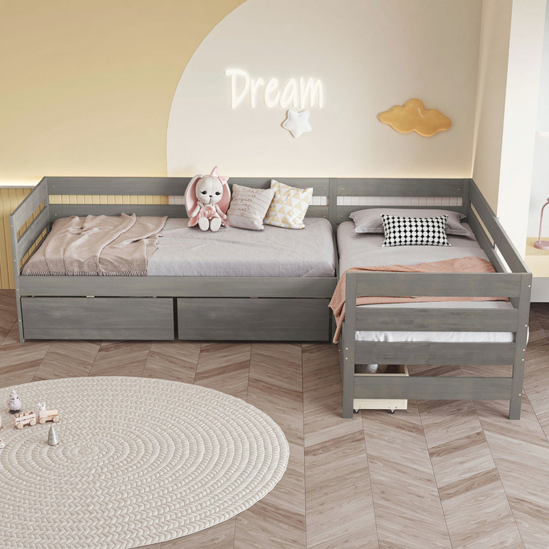 Lit plateforme simple en forme de L avec trois tiroirs de rangement, gris