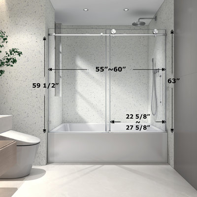 Brushed Nickel frameless one fixed and one shifted Shower Door,70MM 304 stainless steel large pulleys with adjustable soft closing function,with nano easy cleaning,stick explosion-proof menbrance