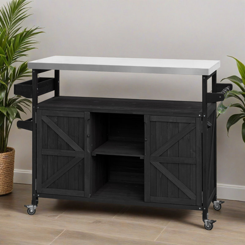 50.27" Outdoor Kitchen Island, Rolling Bar Cart, Farmhouse Solid Wood Outdoor Grill Table with Stainless Steel Top, Spice Rack, Towel Rack for Kitchen