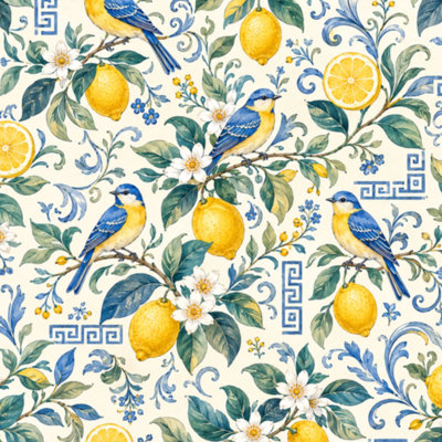 Removable Peel and Stick Wallpaper Roll Blue Tits Birds Perched Lemon Branches Blossoms Vibrant Botanical 23.6"W x 118"H