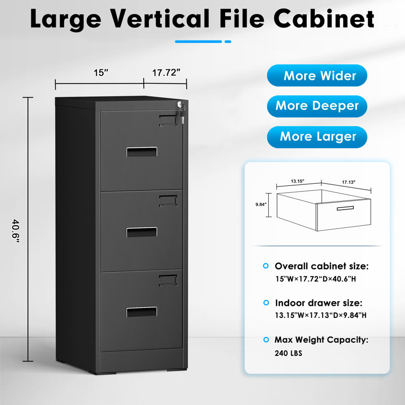 15'' Wide 3 Drawer Metal Vertical Storage File Cabinet with Lock, Black