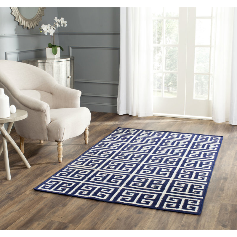 Rodgers Hand Woven Flat Weave Banana Silk/Wool/Cotton Geometric Rug in Navy/Ivory, Rectangle 9' x 12'