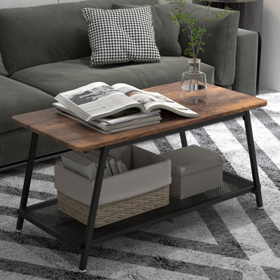 Industrial 2-Tier Coffee Table Rustic Brown Wood & Mesh Shelf Sturdy Metal Frame, Easy Assembly