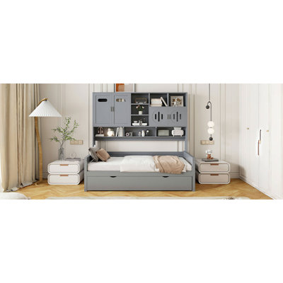 Lit de jour simple en bois avec lit gigogne simple, armoire et tablette tout-en-un, gris