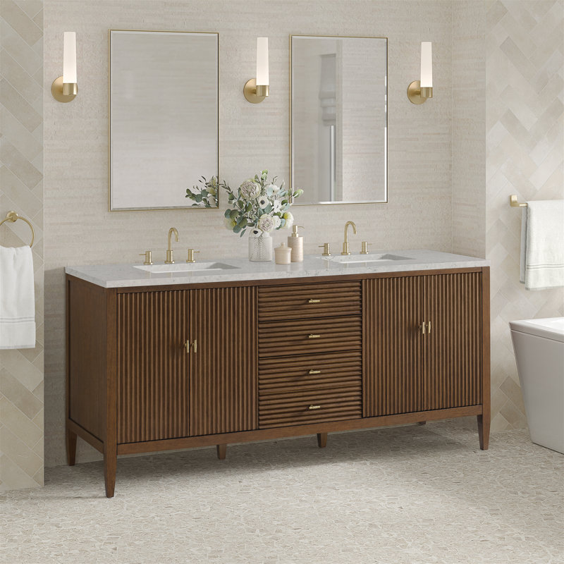 Myrrin 72'' W Double Vanity, Mid-Century Walnut, Eternal Jasmine Pearl, 8" Widespread