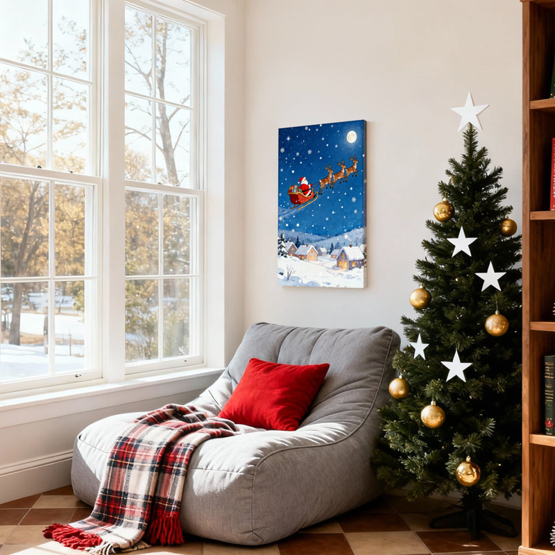 Père Noël de Noël survolant un village enneigé avec renne, ensemble de 3 impressions sur toile, H 30 po x l 20 po