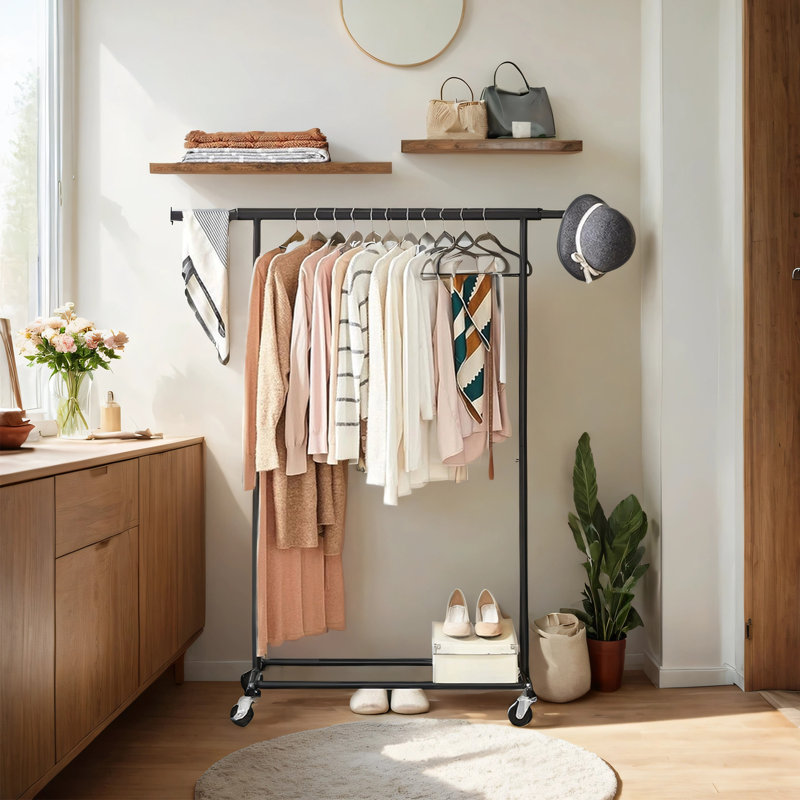 Portant à vêtements avec roulettes, portemanteau robuste, portatif à vêtements, avec rail de suspension extensible, capacité de charge de 220 lb