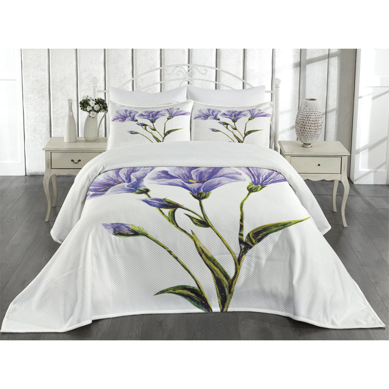 Queen White and Violet Floral Polyester Bedspread Set