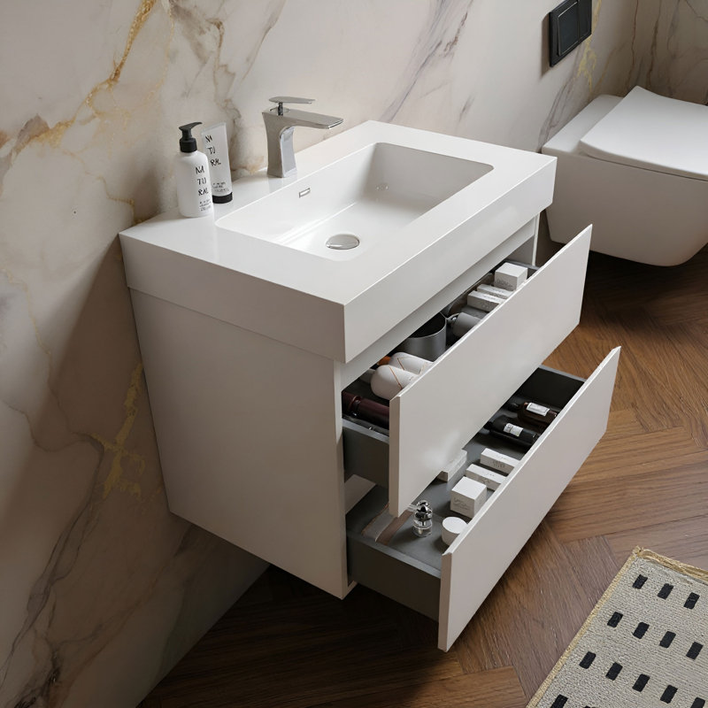 Meuble-lavabo mural simple de 30 po avec comptoir à surface solide avec trop-plein, pré-assemblé, Blanc lustré, 30", Blanc