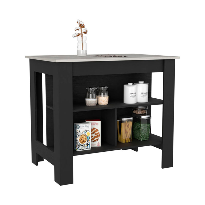 Kitchen Island, Three Shelves, Black / Ibiza Marble Color Finish, Black