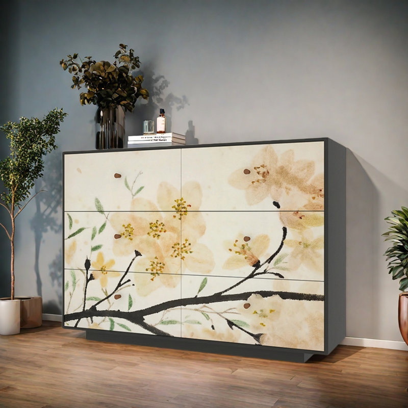 Commode 6 tiroirs en bois massif à motif floral