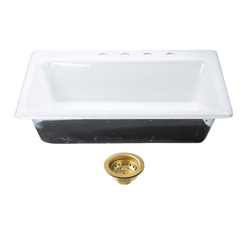 Kingston Brass Towne 33-Inch Cast Iron Self-Rimming Single Bowl Drop-In Kitchen Sink With 4-Hole Drain And Strainer