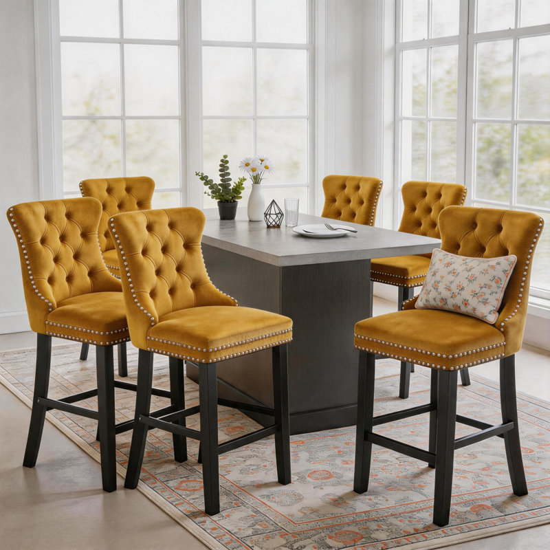 Modern Velvet Upholstered Counter Height Bar Stools (Set of 6), Yellow