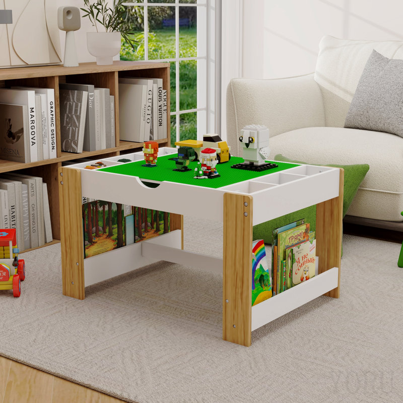 Table de jeu pour enfants 2 en 1 avec 7 compartiments de rangement, compatible avec le bloc de construction Lego, mobilier de jeu d'apprentissage moderne pour activités - blanc