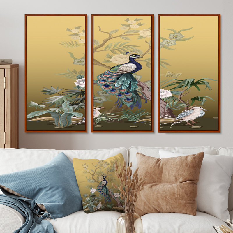 Chinoiserie avec oiseaux et pivoines VI - ensemble de 3 toiles encadrées traditionnelles, H 32 po x l 48 po, Brun