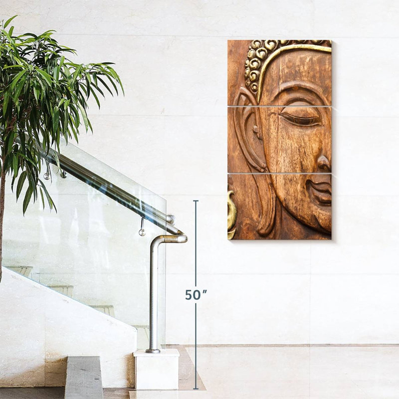 Bouddha en bois sculpté 3 pièces, H 62 po x l 30 po x P 1,25 po
