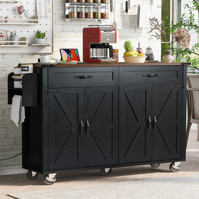 K&K 53.5''Farmhouse Kitchen Island With Power Outlet, Kitchen Storage Island With Drop Leaf, Spice Rack And Drawer, Rolling Kitchen Cart On Wheels, For Home, Kitchen And Dining Room