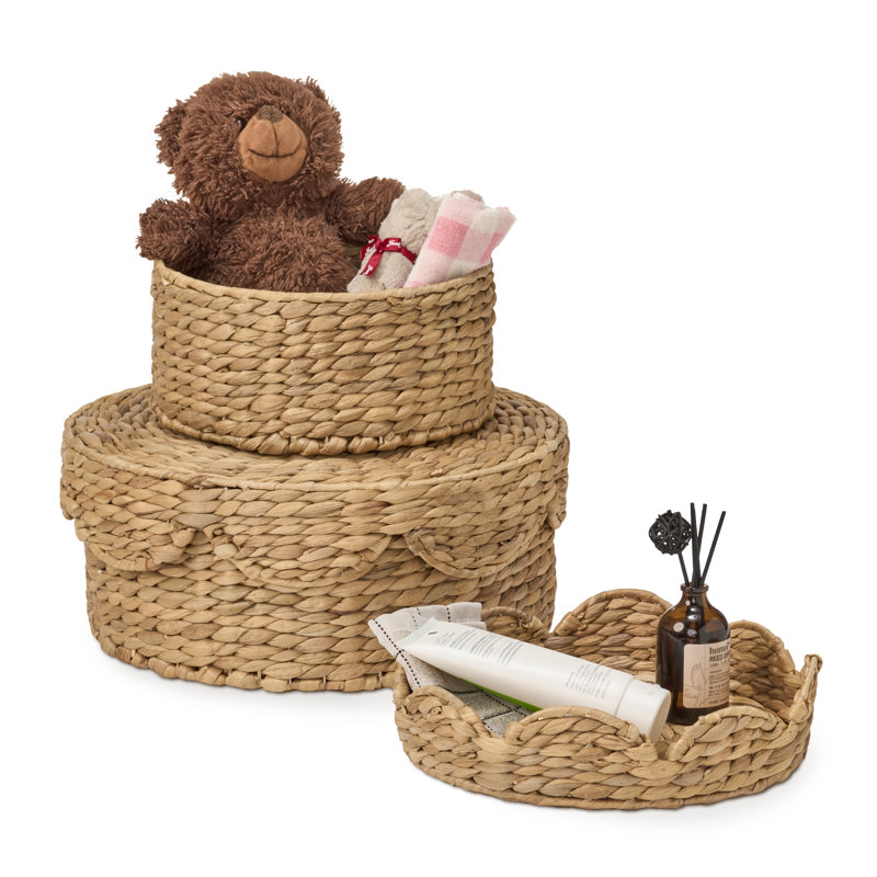 Abercromby Nivora Water Hyacinth Storage Basket Set of 2 - 13.7 and 11 Inches Scallop Edge Woven Organizer for Nursery Diapers, Bathroom Linens, or Laundry Sorting