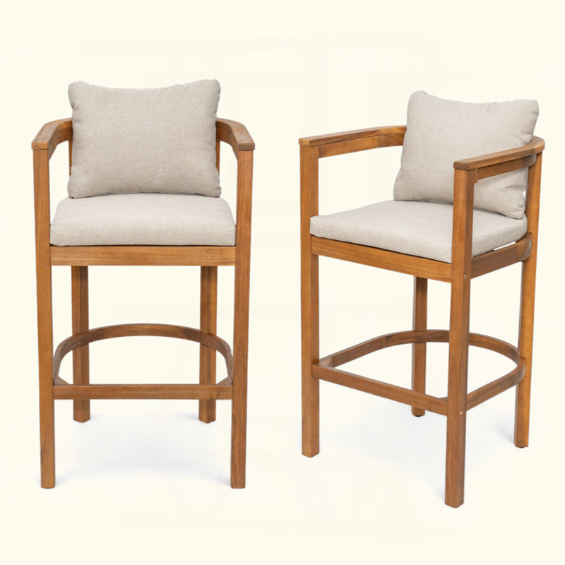 Tabouret d'extérieur en bois avec coussin, ensemble de 2, Teck