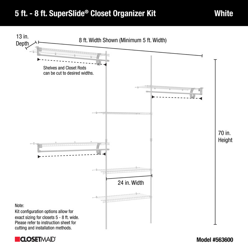 60" W - 96" W SuperSlide Fixed Mount Wire Closet Organizer Kit