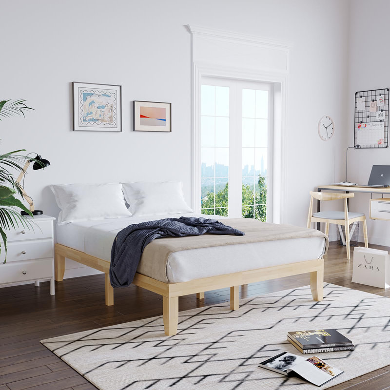 Base de lit plateforme en bois massif 14 pouces, Naturel, Lit double