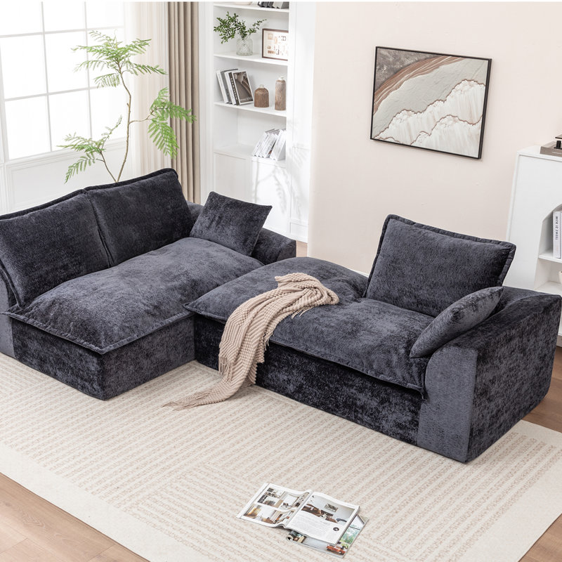 103" Boneless Compressed Sectional Couch No Assembly Required With Pillows, Black, Left Hand Fancing