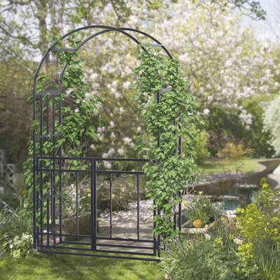 81" Metal Garden With Double Doors, Locking Gate For Wedding And Party Decoration, Grey Perfect Climbing Vines Decorations