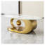 Table basse ovale avec plateau en verre imitation marbre et base en acier inoxydable doré poli, centre de table sculptural moderne pour le salon