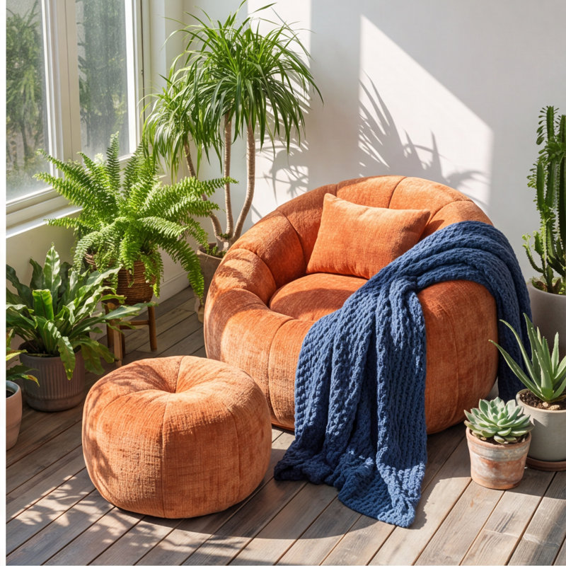 Fauteuil à billes en chenille orange avec repose-pieds - Canapé-lit rond confortable avec coussin, sans assemblage
